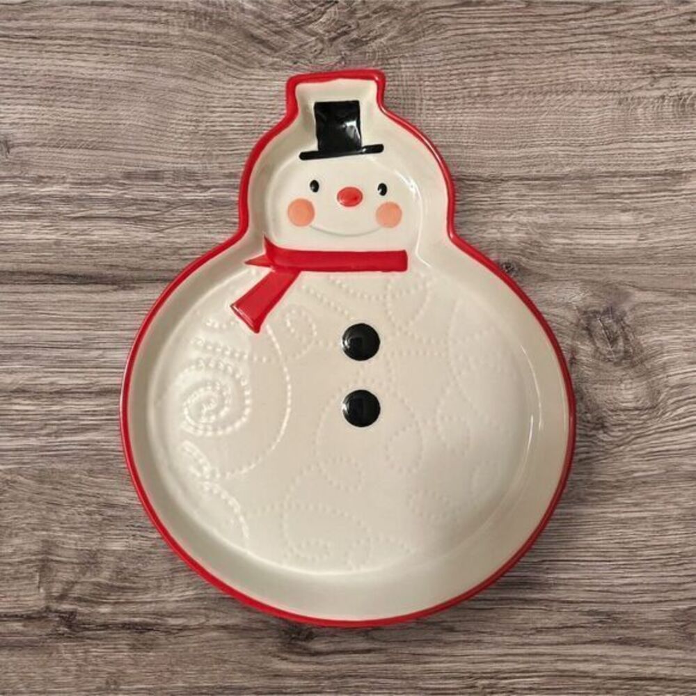 Hallmark Snowman Ceramic‎ 8" Quilted Cookie Plate Candy Dish Holiday Tray